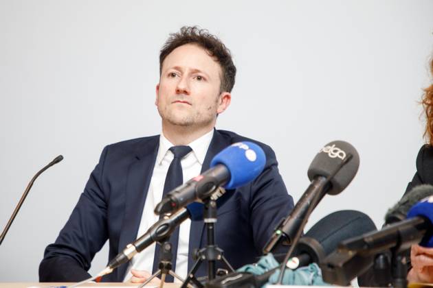 Brussels King s Prosecutor Julien Moinil pictured during a press conference regarding the arrest of French-Italian criminal Antonio Ferrara, Friday 28 February 2025, at the Belgian federal police headquarters, in Brussels. Ferrara was arrested Yesteday with seven others in Eupen during a joint operation executed by French and Belgian police. The group allegedly planned a robbery on a secured cash depot in Germany. Ferrara is known as the escape king for having escaped from prison twice.  HATIMxKAGHAT 113649818