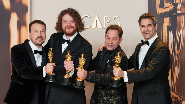 Gints Zilbalodis, Matiss Kaza, Ron Dyens, and Gregory Zalcman (L-R) of Flow celebrate their Oscar for best animated feature film during the 97th Academy Awards in the Hollywood section of Los Angeles on Sunday, March 2, 2025.  LAP20250302106 PATxBENIC