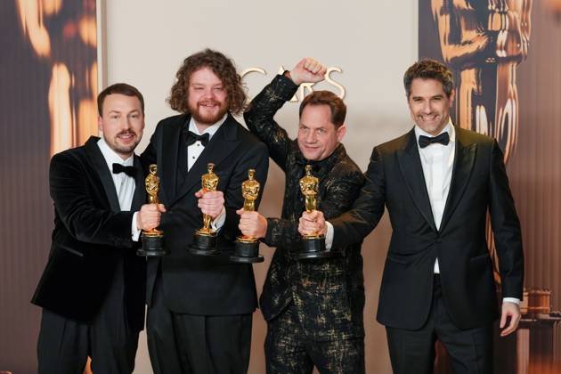 Gints Zilbalodis, Matiss Kaza, Ron Dyens, and Gregory Zalcman (L-R) of Flow celebrate their Oscar for best animated feature film during the 97th Academy Awards in the Hollywood section of Los Angeles on Sunday, March 2, 2025.  LAP20250302107 PATxBENIC