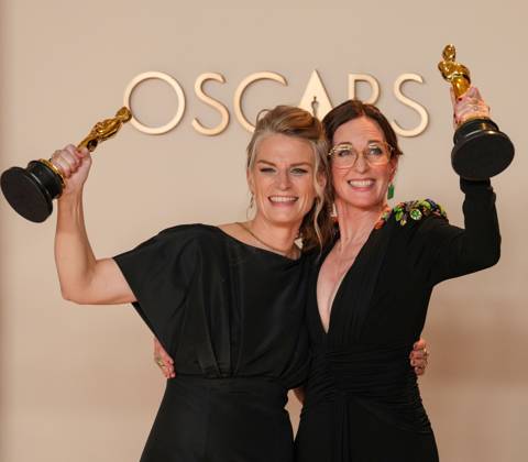 Lisa Remington and Molly O Brien of The Only Girl in the Orchestra celebrate backstage after winning the Oscar for best documentary short film during the 97th Academy Awards in the Hollywood section of Los Angeles on Sunday, March 2, 2025.  LAP20250302131 PATxBENIC