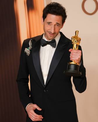 Best performance by an actor in a leading role Oscar winner Adrien Brody of The Brutalist celebrates backstage during the 97th Academy Awards in the Hollywood section of Los Angeles on Sunday, March 2, 2025.  LAP20250302170 PATxBENIC