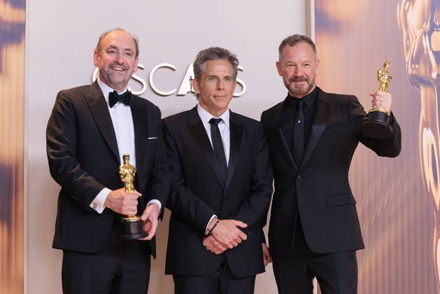 March 2, 2025, Hollywood, California, USA: Nathan Crowley (L) and Lee Sandales (R), winners of the Best Production Design award for Ã¢â‚¬oeWickedÃ¢â‚¬Â and Ben Stiller (C), pose in the press room of the 97th Annual Academy Awards on Sunday March 2, 2025 at the Dolby Theater in Hollywood, California. BURT HARRIS BNS PI Hollywood USA - ZUMAp124 20250302_zaa_p124_476 Copyright: xBurtxHarrisx