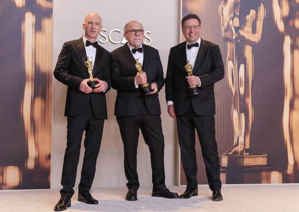 March 2, 2025, Hollywood, California, USA: (L-R) Gareth John, Richard King and Ron Bartlett, winners of the Best Sound for Ã¢â‚¬oeDune: Part TwoÃ¢â‚¬Â, pose in the press room of the 97th Annual Academy Awards on Sunday March 2, 2025 at the Dolby Theater in Hollywood, California. BURT HARRIS BNS PI Hollywood USA - ZUMAp124 20250302_zaa_p124_501 Copyright: xBurtxHarrisx