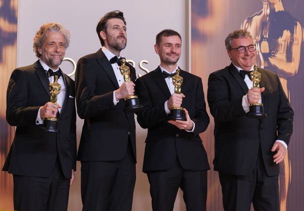 March 2, 2025, Hollywood, California, USA: (L-R) Paul Lambert, Stephen James, Rhys Salcombe, and Gerd Nefzer, winners of the Best Visual Effects for â€oeDune: Part Twoâ€Â, pose in the press room of the 97th Annual Academy Awards on Sunday March 2, 2025 at the Dolby Theater in Hollywood, California. BURT HARRIS BNS PI Hollywood USA - ZUMAp124 20250302_zaa_p124_511 Copyright: xBurtxHarrisx