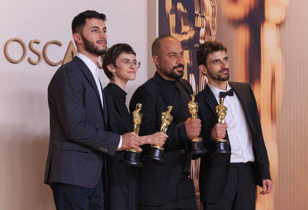 March 2, 2025, Hollywood, California, USA: (L-R) Yuval Abraham, Rachel Szor, Hamdan Ballal, Basel Adra, winners of the Best Documentary Feature Film for Ã¢â‚¬oeNo Other LandÃ¢â‚¬Â, pose in the press room of the 97th Annual Academy Awards on Sunday March 2, 2025 at the Dolby Theater in Hollywood, California. BURT HARRIS BNS PI Hollywood USA - ZUMAp124 20250302_zaa_p124_512 Copyright: xBurtxHarrisx
