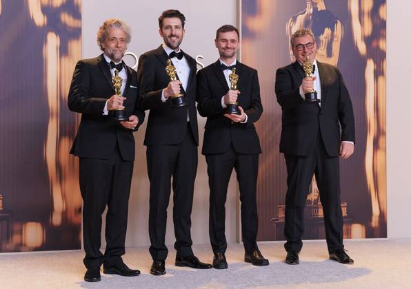 March 2, 2025, Hollywood, California, USA: (L-R) Paul Lambert, Stephen James, Rhys Salcombe, and Gerd Nefzer, winners of the Best Visual Effects for â€oeDune: Part Twoâ€Â, pose in the press room of the 97th Annual Academy Awards on Sunday March 2, 2025 at the Dolby Theater in Hollywood, California. BURT HARRIS BNS PI Hollywood USA - ZUMAp124 20250302_zaa_p124_525 Copyright: xBurtxHarrisx
