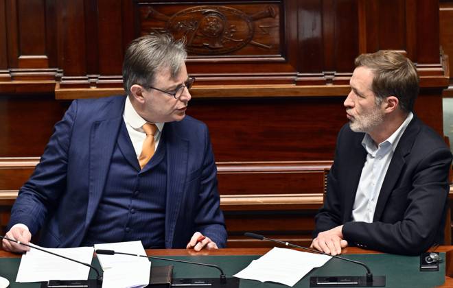 Prime Minister Bart De Wever and PS Paul Magnette pictured during a plenary session of the Chamber at the Federal Parliament in Brussels, Thursday 13 March 2025. ERICxLALMAND 114862020