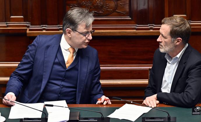 Prime Minister Bart De Wever and PS Paul Magnette pictured during a plenary session of the Chamber at the Federal Parliament in Brussels, Thursday 13 March 2025. ERICxLALMAND 114862021