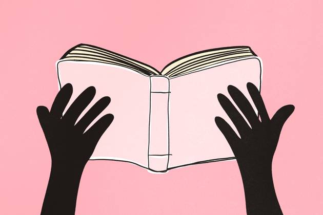 A minimalistic illustration features two black hands holding an open book against a soft pink background. The simple design emphasizes reading and creativity. Model Released HodeiUnzueta_ID26996_779161_009 Copyright: xHodeixUnzuetax RECORD DATE NOT STATED