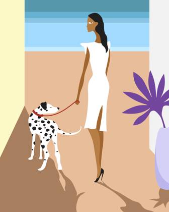 Illustration of a stylish woman walking a Dalmatian on a sunny beach property released, ESAF00100
