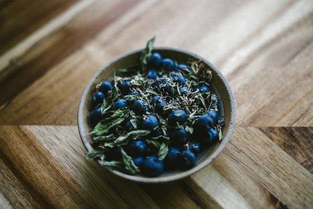 Blueberry and Herbs in a Pottery Bowl Against a Wooden Background United States, Virginia, Front Royal R_NRUH250326A-1691632-01