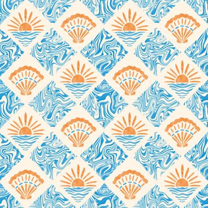 Nautical groovy seamless pattern. Watercolor seashells and sunset sun tiles on marble textured background. Summer joyful design for swimwear, home decor, textile. Blue wavy swirls repeat , 59129114.jpg, sea, shell, groovy, pattern, seamless, sun, marble, liquid, wavy, water, summer, vacation, wallpaper, nature, texture, print, whimsical, seashell, seashore, fun, coastal, repeat, textile, design, background, fabric, beach, swimwear, illustration, waves, playful, blue, orange, psychedelic, dynamic, watercolor, stain, flow, modern, abstract, swirl, italian, tile, diamond, mideterranean, ocean, joyful, nautical, sunset RECORD DATE NOT STATED