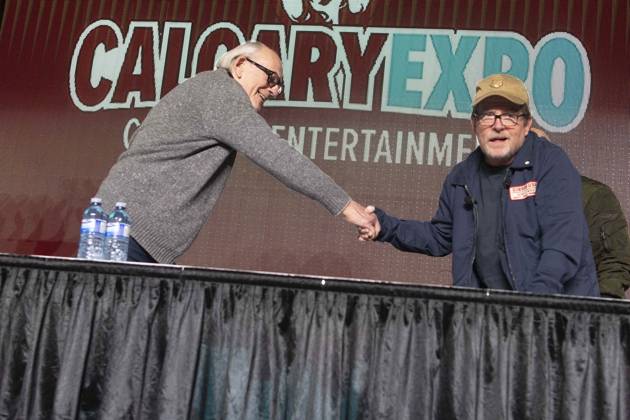 April 25, 2025, Calgary, Alberta, Canada: Michael J. Fox, Christopher Lloyd reunite to celebrate the 40th anniversary of Back to the Future during a special panel at Calgary Expo in Calgary, Alberta, on April 25, 2025. The iconic duo, who portrayed Marty McFly and Doc Brown, reflected on the filmâ€⠢s legacy and decades of fandom. Calgary Canada - ZUMAr123 20250425_zap_r123_058 Copyright: xBadenxRothx