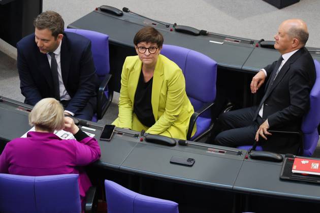 Lars Klingbeil, Saskia Esken and Olaf Sccholz SPD during the vote for the new Federal Chancellor in Berlin on May 6, 2025 Election of the Federal Chancellor