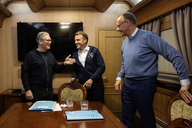 Prime Minister Keir Starmer visits Ukraine 10 05 2025. Kyiv, Ukraine. Prime Minister Keir Starmer, Emmanuel Macron, French President, and Friedrich Merz, German Chancellor meet for a trilateral as they travel on the train to meet Volodymyr Zelenskyy, President of Ukraine during a visit to Ukraine., Credit:Simon Dawson Avalon Ukraine, Kyiv  Copyright: xSimonxDawsonx xAvalonx 0997539195