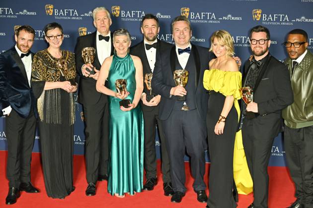 BAFTA TV Awards, Winners, London, UK, 11 May 2025. London, UK, 11 May 2025. Martin McCann, Louise Gallagher, Stephen Wright, Amanda Black, Adam Patterson, Declan Lawn, Sian Brooke and Jack Casey pose with the Drama Series Award for Blue Lights on the Winners Carpet at the BAFTA Television Awards with P&O Cruises at the Royal Festival Hall, London, UK., Credit:Lee Floyd Avalon UK, London, Royal Festival Hall Copyright: xLeexFloydx xAvalonx 0998023745
