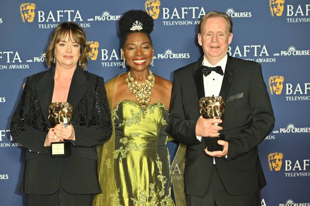 BAFTA TV Awards, Winners, London, UK, 11 May 2025. London, UK, 11 May 2025. Polly Hill, Baroness Dame Floella Benjamin and Kevin Lygo with the Special Award, on behalf of ITV, for commissioning Mr Bates Vs The Post Office on the Winners Carpet at the BAFTA Television Awards with P&O Cruises at the Royal Festival Hall, London, UK., Credit:Lee Floyd Avalon UK, London, Royal Festival Hall Copyright: xLeexFloydx xAvalonx 0998025390