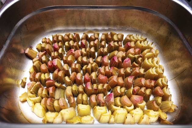 Gewürfelter Rhabarber in einer Metallschüssel, vorbereitet für das Garen im Ofen, gesundes vegetarisches Dessert, ausgewählter Fokus, geringe Tiefenschärfe Diced rhubarb in a metal bowl prepared for cooking in the oven, healthy vegetarian dessert, selected focus, narrow depth of field Copyright: imageBROKER MarenxWinter ibxiqx11195294.jpg