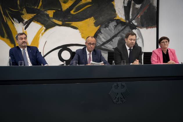 Coalition Committee, Federal Chancellery, Press Conference Coalition Committee, Party Chairmen, SPD, CDU, CSU, Saskia Esken, Lars Klingbeil, Friedrich Merz, Markus Söder, Federal Chancellery, Press Conference Berlin Berlin GER