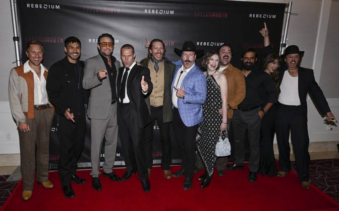 June 7, 2025, West Hollywood, California, USA: Golden Garnick, Eric Nelsen, James Landry Hebert, Randy Wayne, Alexandra Harris, Abbie Cobb, Martin Sensmeier, James Austin Kerr, Brock Harris attends the Cottonmouth Los Angeles Premiere. West Hollywood USA - ZUMAb173 20250607_aap_b173_101 Copyright: xBillyxBennightx