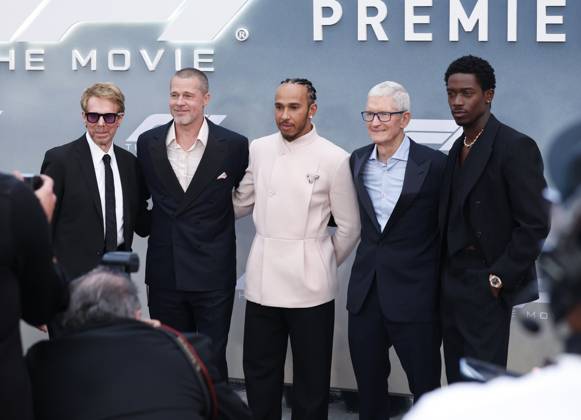 Brad Pitt, British formula 1 driver and co-producer Lewis Hamilton, Tim Cook and British actor Damson Idris arrive on the red carpet for the Apple Original Films & Warner Bros. Pictures F1 World Premiere in Times Square on Monday, June 16, 2025 in New York City.  NYP20250616150 JOHNxANGELILLO