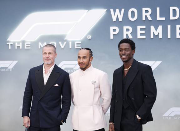 Brad Pitt, British formula 1 driver and co-producer Lewis Hamilton and British actor Damson Idris arrive on the red carpet for the Apple Original Films & Warner Bros. Pictures F1 World Premiere in Times Square on Monday, June 16, 2025 in New York City.  NYP20250616149 JOHNxANGELILLO