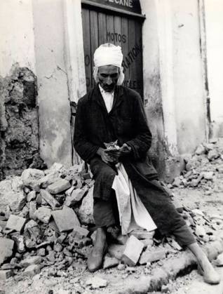 Accidents Disasters Fires Floods Tragedies 14 September 1954 Scenes of Earthquake in Algeria at a Cairns sitting strokes a Local melancholic its Kittens, the only Survivors his Budget Picture credits Keystone Pictures USA ZUMAPRESS Com  Copyright: xUnitedxArchivesx xkpaxKeystonex 19540914_baf_k09_003