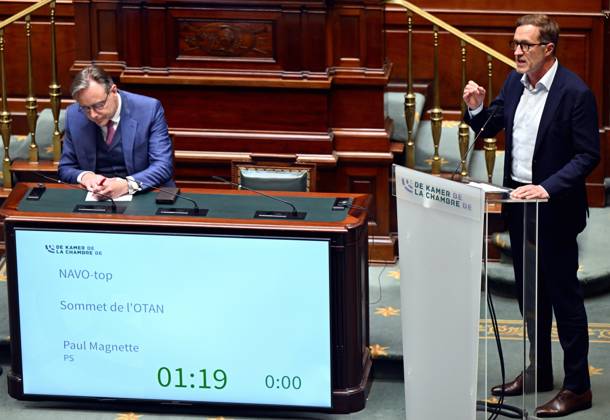 Prime Minister Bart De Wever and PS Paul Magnette pictured during a plenary session of the Chamber at the Federal Parliament in Brussels, Thursday 19 June 2025. ERICxLALMAND 127386770