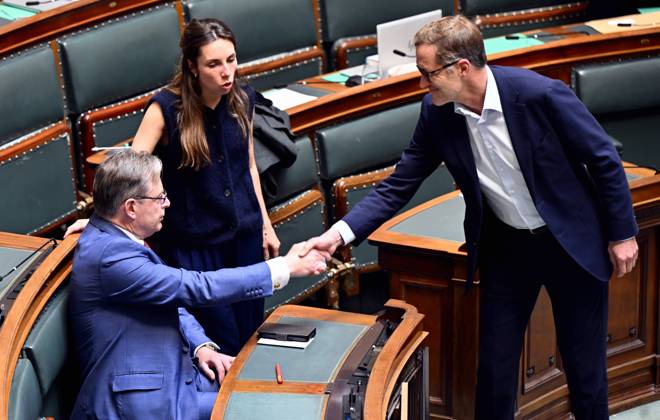 Prime Minister Bart De Wever and PS Paul Magnette pictured during a plenary session of the Chamber at the Federal Parliament in Brussels, Thursday 19 June 2025. ERICxLALMAND 127386788