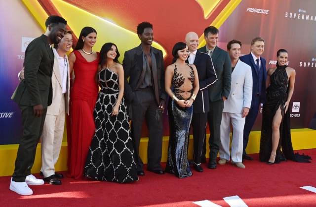 Cast members Christopher McDonald, Skyler Gisondo, Sara Sampaio, Mikaela Hoover, Edi Gathegi, Isabela Merced, Anthony Carrigan, Nathan Fillion, Beck Bennett, Alan Tudyk, Maria Gabriela de Faria (L-R) attend the premiere of the sci-fi motion picture Superman at the TCL Chinese Theatre in the Hollywood section of Los Angeles on Monday, July 7, 2025. Storyline: Superman must reconciles his alien Kryptonian heritage with his human upbringing as reporter Clark Kent. As the embodiment of truth, justice and the human way he soon finds himself in a world that views these as old-fashioned. Superman must reconcile his alien Kryptonian heritage with his human upbringing as reporter Clark Kent. As the embodiment of truth, justice and the human way he LAP2025070713 JIMxRUYMEN