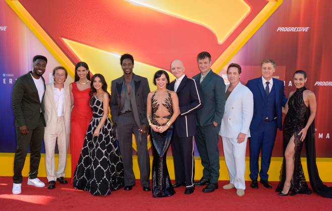 Superman Premiere - Los Angeles, USA LOS ANGELES, USA. July 07, 2025: Christopher McDonald, Skyler Gisondo, Sara Sampaio, Mikaela Hoover, Edi Gathegi, Isabela Merced, Anthony Carrigan, Nathan Fillion, Beck Bennett, Alan Tudyk & Maria Gabriela de Faria at the premiere for Superman at the TCL Chinese Theatre. Los Angeles CA USA  Copyright: xPaulxSmith Featureflashx