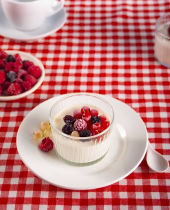 Frischer hausgemachter Joghurt mit verschiedenen Beeren auf rot kariertem Tischtuch. Gesundes Frühstückskonzept Fresh homemade yogurt with various berries on red checkered tablecloth. Healthy breakfast concept Copyright: imageBROKER ZulfiiaxIshmukhameto ibxiqx14290411.jpg