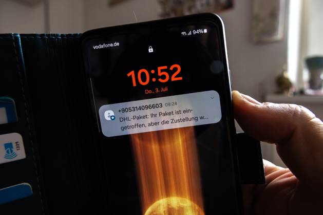 Deceptive SMS An SMS on a smartphone with the false claim that a package has not been delivered with a link to a trap A note on the scam is the phone number from abroad