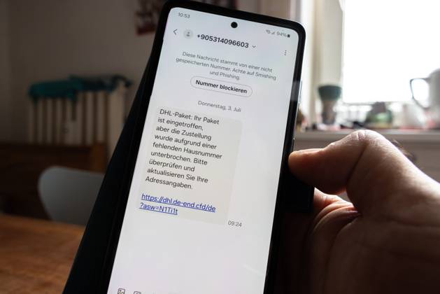 A text message on a smartphone with the false claim that a package has not been delivered with a link to a trap A note on the scam is the phone number from abroad and spelling mistakes like here Address details The message says DHL Packet Your package has arrived but the delivery was interrupt