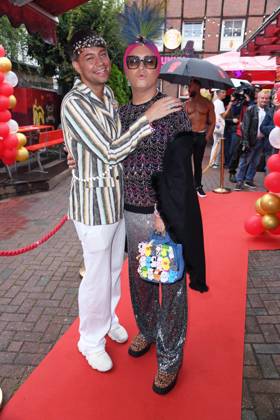 Julian F M Stöckel with friend Marcell Damaschke at the Olivia Jones Kult Kieztouren summer party, Grosse Freiheit 27 in Hamburg on 22 07 2025
