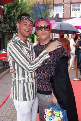 Julian F M Stöckel with friend Marcell Damaschke at the Olivia Jones Kult Kieztouren summer party, Grosse Freiheit 27 in Hamburg on 22 07 2025