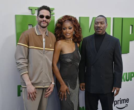 Cast members Pete Davidson, Keke Palmer and Eddie Murphy (L-R) attend the premiere of the motion picture comedy The Pickup at Regal LA Live in Los Angeles on Sunday, July 27, 2025. Storyline: A routine cash pickup turns into a deadly pursuit when two mismatched armored truck drivers are ambushed by ruthless criminals with plans beyond the cash.  LAP2025072742 JIMxRUYMEN