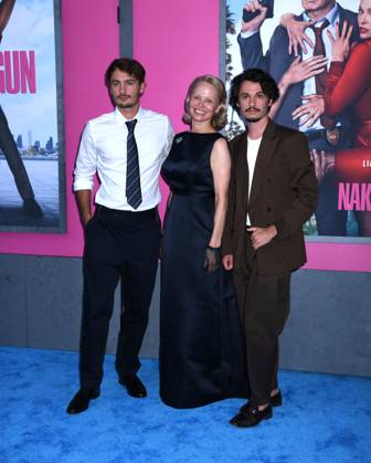 July 28, 2025, New York, Ny, United States: Brandon Thomas Lee, Pamela Anderson, and Dylan Jagger Lee attend the US Premiere of The Naked Gun at SVA Theater in New York. July 28, 2025. New York United States - ZUMAp281 20250728_zea_p281_016 Copyright: xPhotoxImagexPressx