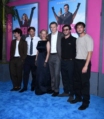 July 28, 2025, New York, Ny, United States: Dylan Jagger Lee, Brandon Thomas Lee, Pamela Anderson, Liam Neeson, Daniel Neeson and Micheal Neeson attend the US Premiere of The Naked Gun at SVA Theater in New York. July 28, 2025. New York United States - ZUMAp281 20250728_zea_p281_026 Copyright: xPhotoxImagexPressx