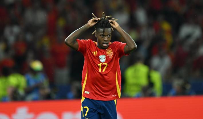 Spain v England: Final - UEFA EURO 2024 BERLIN, GERMANY - JULY 14: Nico Williams of Spain in action during the UEFA EURO 2024 final match between Spain and England at Olympiastadion in Berlin, Germany on July 14, 2024. Germany World. Editorial use only. Please get in touch for any other usage. Copyright: x2025xAnadoluxHeshamxElsherifx
