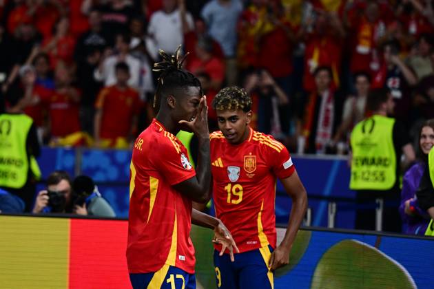 Spain v England: Final - UEFA EURO 2024 BERLIN, GERMANY - JULY 14: Nico Williams (17) and Lamine Yamal (19) of Spain celebrate after a goal during the UEFA EURO 2024 final match between Spain and England at Olympiastadion in Berlin, Germany on July 14, 2024. Berlin Germany. Editorial use only. Please get in touch for any other usage. Copyright: x2025xAnadoluxOÄüuzxYeterx