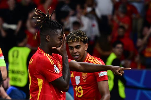 Spain v England: Final - UEFA EURO 2024 BERLIN, GERMANY - JULY 14: Nico Williams (17) and Lamine Yamal (19) of Spain celebrate after a goal during the UEFA EURO 2024 final match between Spain and England at Olympiastadion in Berlin, Germany on July 14, 2024. Berlin Germany. Editorial use only. Please get in touch for any other usage. Copyright: x2025xAnadoluxOÄüuzxYeterx