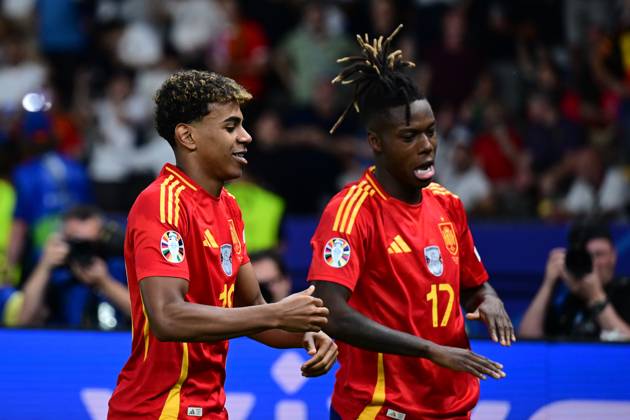 Spain v England: Final - UEFA EURO 2024 BERLIN, GERMANY - JULY 14: Nico Williams (17) and Lamine Yamal (19) of Spain celebrate after a goal during the UEFA EURO 2024 final match between Spain and England at Olympiastadion in Berlin, Germany on July 14, 2024. Berlin Germany. Editorial use only. Please get in touch for any other usage. Copyright: x2025xAnadoluxOÄüuzxYeterx