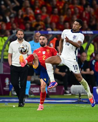 Spain v England: Final - UEFA EURO 2024 BERLIN, GERMANY - JULY 14: Jude Bellingham (10) of England in action against Daniel Carvajal of Spain the UEFA EURO 2024 final match between Spain and England at Olympiastadion in Berlin, Germany on July 14, 2024. Germany World. Editorial use only. Please get in touch for any other usage. Copyright: x2025xAnadoluxOÄüuzxYeterx