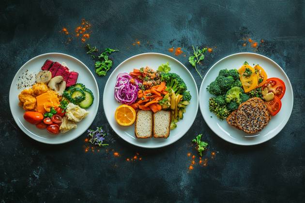 Three distinct plates feature vibrant plant-based meals highlighting vegetarian, vegan, and keto diets with fresh ingredients Three distinct plates feature vibrant plant-based meals highlighting vegetarian, vegan, and keto diets with fresh ingredients., 64129432.jpg RECORD DATE NOT STATED