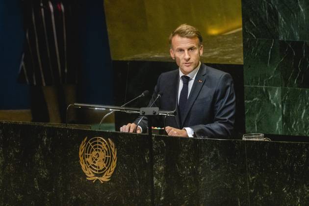 Emmanuel Macron, President of France, delivers opening remarks at the United Nations Two-State Conference in New York City, 22 09 2025 Photographed on behalf of the Department of State New York City United States of America Copyright: xJulianexSonntag AAx