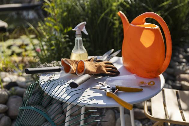Gardening tools and eco-friendly equipment on outdoor table in sunshine property released, PCLF02581