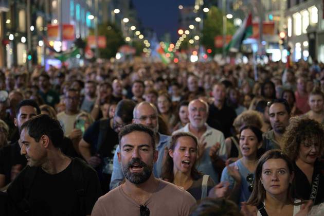 October 4, 2025, Madrid, Madrid, Spain: Protesters hold banners and Palestinian banners during a demonstration in solidarity with the Palestinians in the Gaza strip, in Madrid. Madrid Spain - ZUMA- Oc 20251004_zsp_d308_011 Copyright: xJuanxCarlosxLucasx