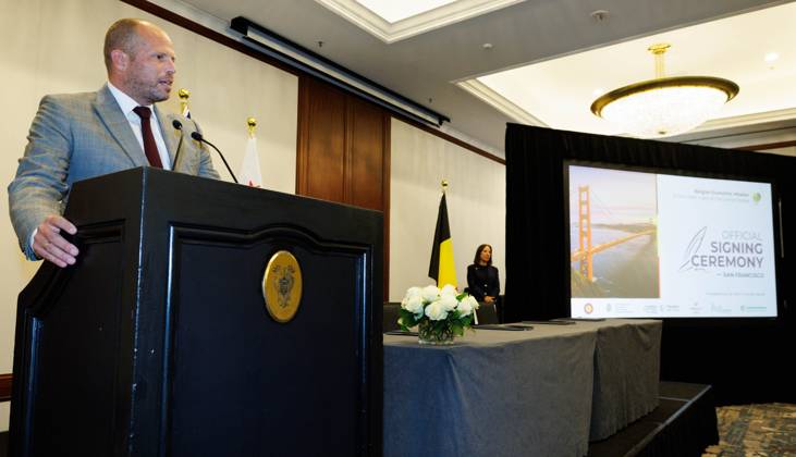 Minister of Defence and Foreign Trade Theo Francken delivers a speech at a Signing Ceremony during an economic mission to the west coast of the United States, on Monday 06 October 2025. The Belgian Economic mission to USA takes place from October 4th to 12th. BENOITxDOPPAGNE 136272934
