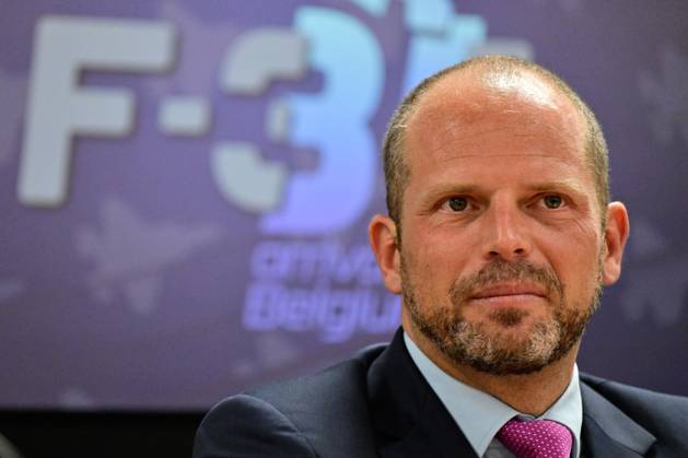 Minister of Defence and Foreign Trade Theo Francken pictured during the opening of the Complex F-35 which will house the newly arrived Lockheed Martin F-35 Lightning II fighter jets at the Florennes military airbase, Monday 13 October 2025. DIRKxWAEM 136674231